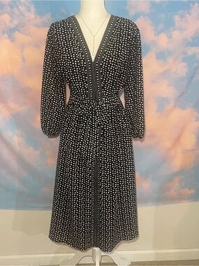 Stylish Black and White Polka Dot Tie-Waist Midi Dress
